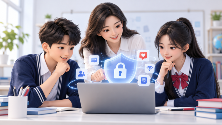 Ảnh minh họa giáo viên và học sinh học kỹ năng an toàn trên Internet