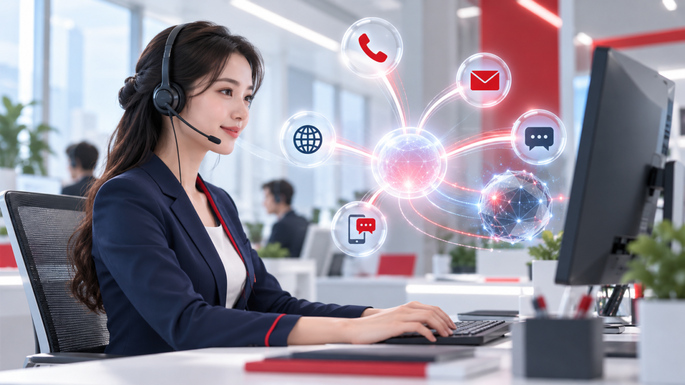 Ảnh minh họa nhân viên chăm sóc khách hàng với các kênh liên lạc hợp nhất và AI hỗ trợ